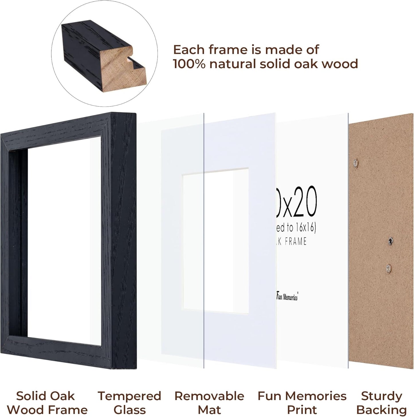 20x20 Black Picture Frame, Solid Oak Wood 20 by 20 Frame, Black Square Picture Frame 20 x 20 with mat for 16 x 16, 20x20 Wood Frame for Home Decor, 20 x 20 Poster Frame, Tempered Glass, 1 Pack