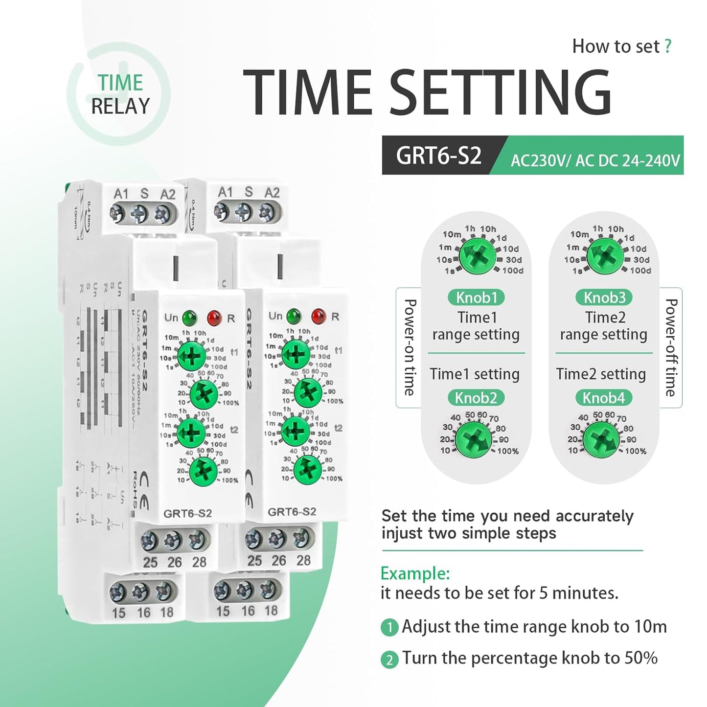 Asymmetric Cycle Timer Relay 2SPDT 10A Long or Short Period Repeat Cycle Tntermittent Timer Electronic Relay in Din Rail Wide Voltage Range AC DC 24V to 240V