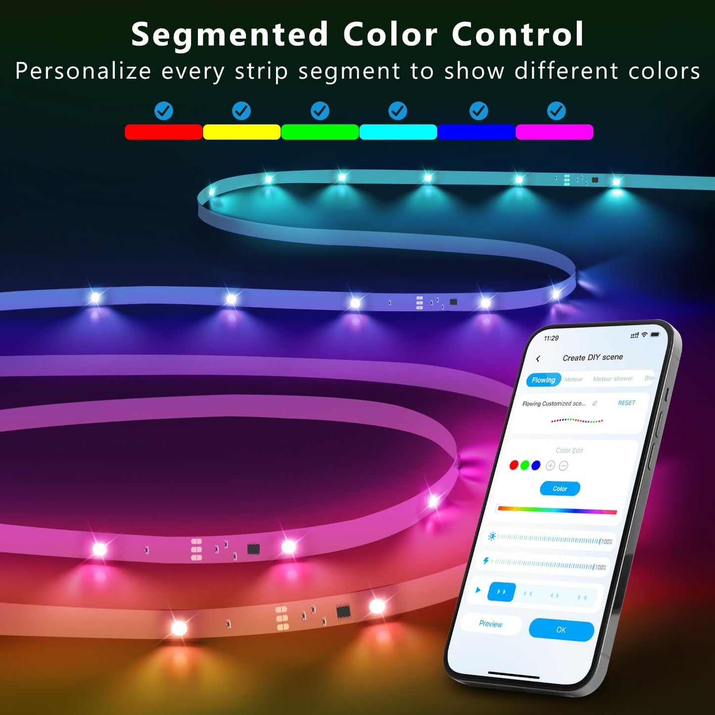 DAYBETTER Smart IC LED Strip Lights, BGRIC LED Lights for Bedroom 32.8 FT, DIY Multiple Colors on One Line, App Control Color Changing Strip Lighting Music Sync Home Decor(1 Roll)