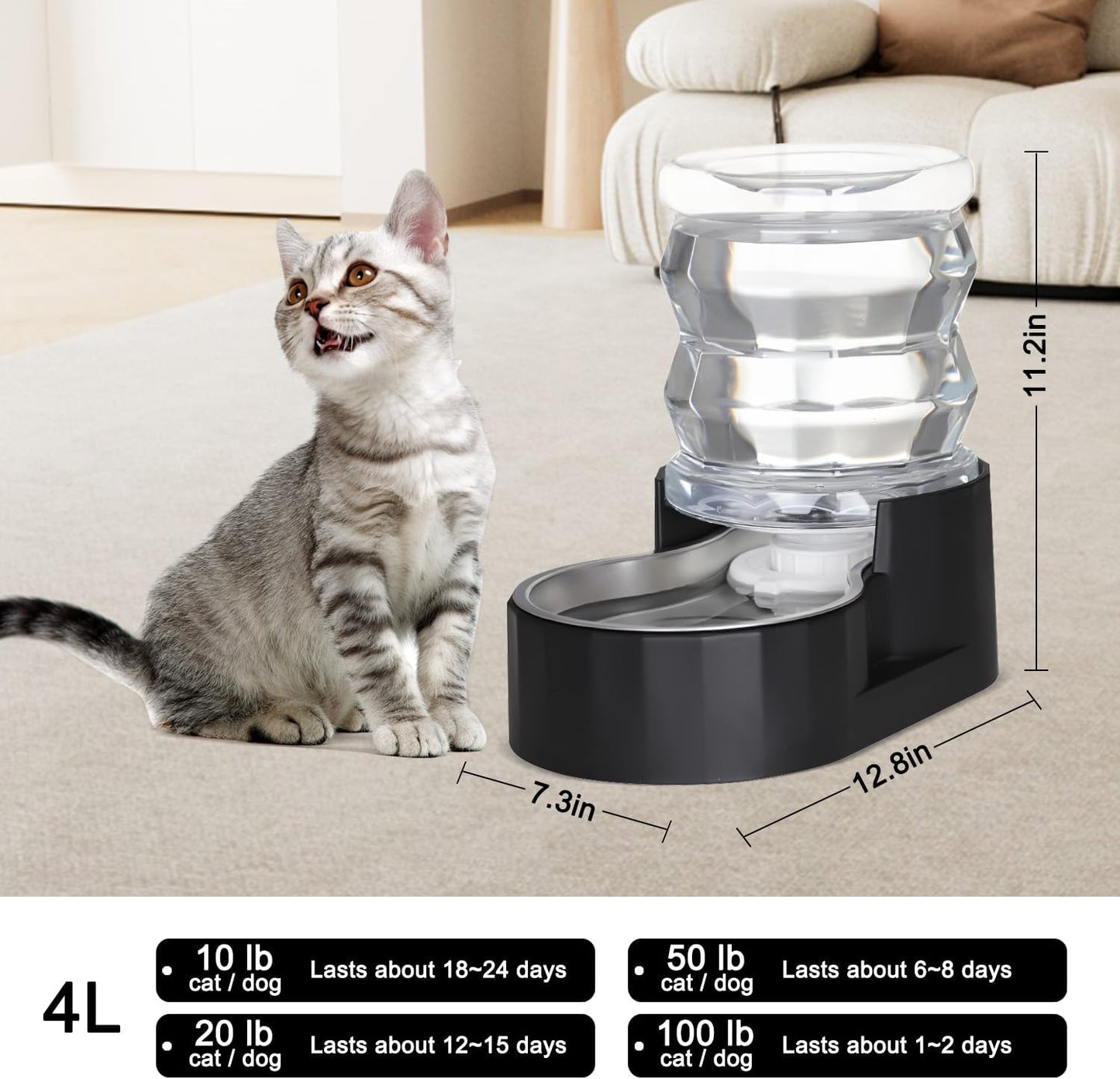 RIZZARI Dog Food Water Dispenser: 4L Large Black Stainless Steel Feeder with Triple Filter -Healthy Hydration for Pets in The Living Room - Garden and Study Room