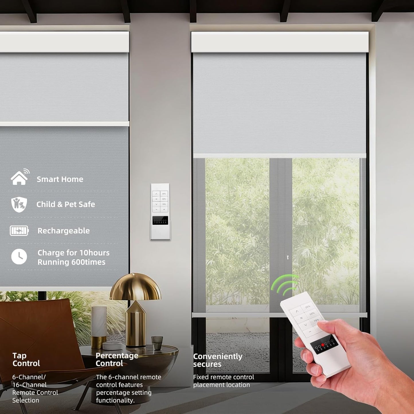 ZSTARR Motorized Day and Night Dual Smart Blind for Window with Valance Rechargeable Motor,Blackout Roller Shade Custom Size,with Valance Suitable for Home,Office (Full Blackout Light Grey)