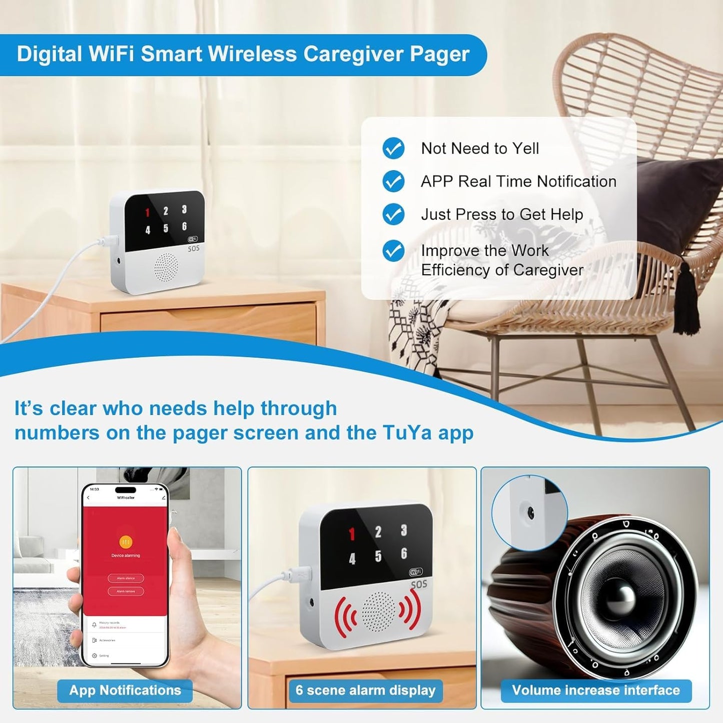 Life Alert Systems for Seniors No Monthly Fee, App-Controlled Pager, Medical Alert Systems for Seniors LED Number Display 2Call Button 1Receiver(Only Supports 2.4GHz Wi-Fi) (Neck Remote Control)