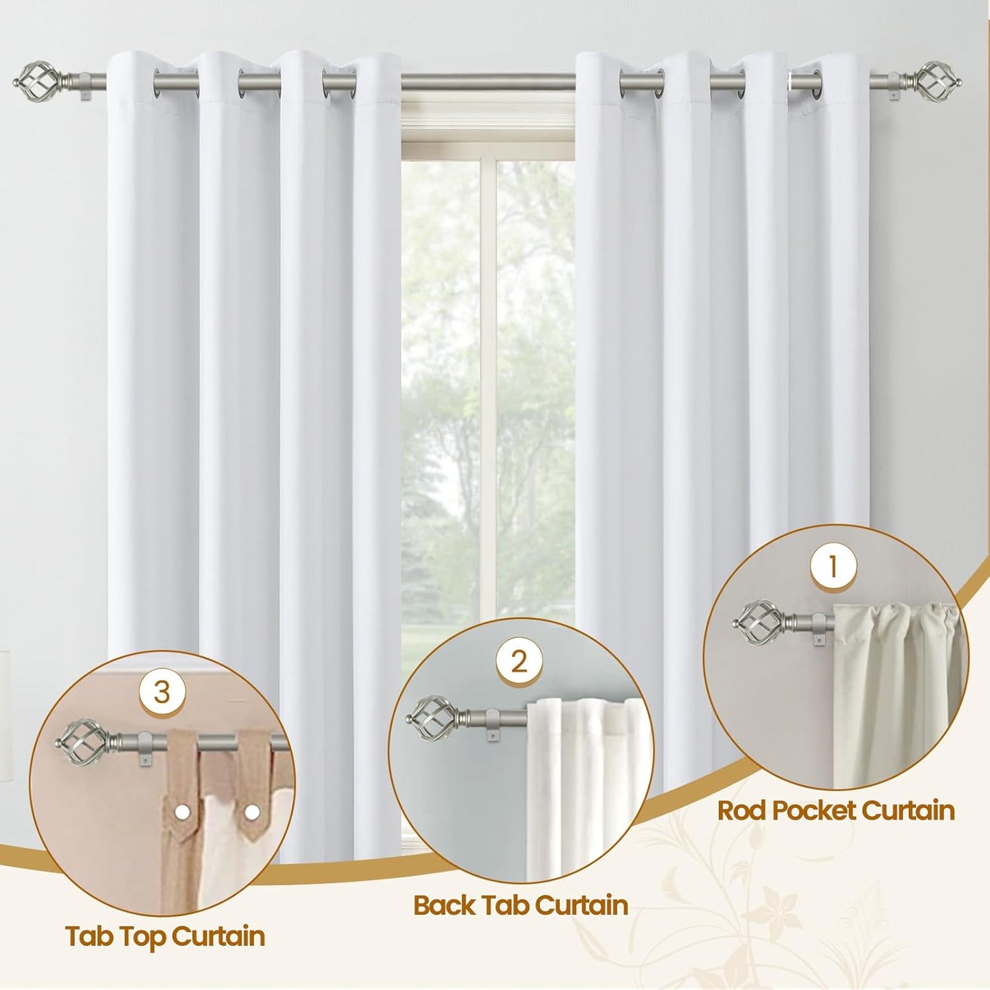 KAMANINA Silver Curtain Rods for Windows 72 to 144 Inch, Long Curtain Rod 32 to 144 Inches (2.6-12ft), 6/8 In Splicing Adjustable Single Drapery Rod with Twisted Cage Finial