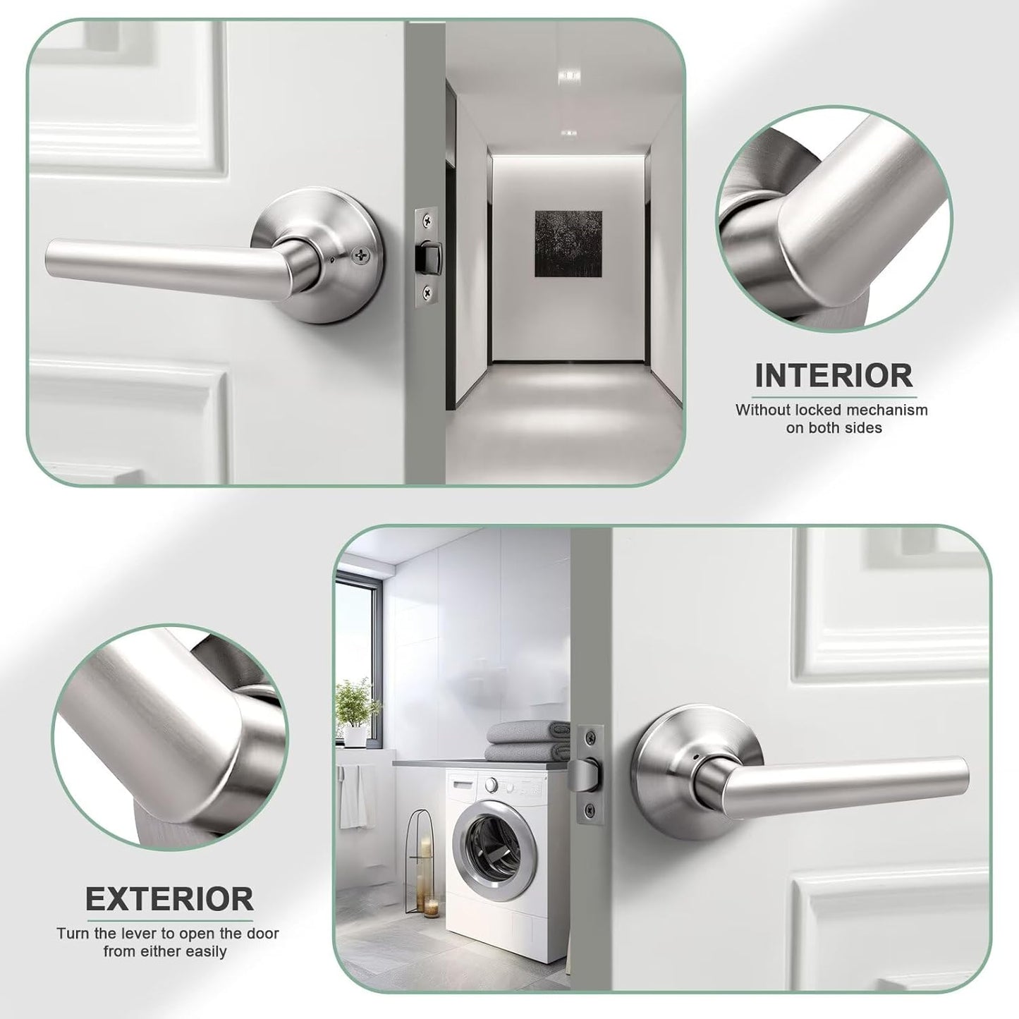 GOBEKOR 4 Pack Brushed Nickel Door Handles Interior,Heavy Duty Passage Door Handles Interior Door Levers for Hallway and Closet, Modern Sleek Round Door Locks Satain Nickel