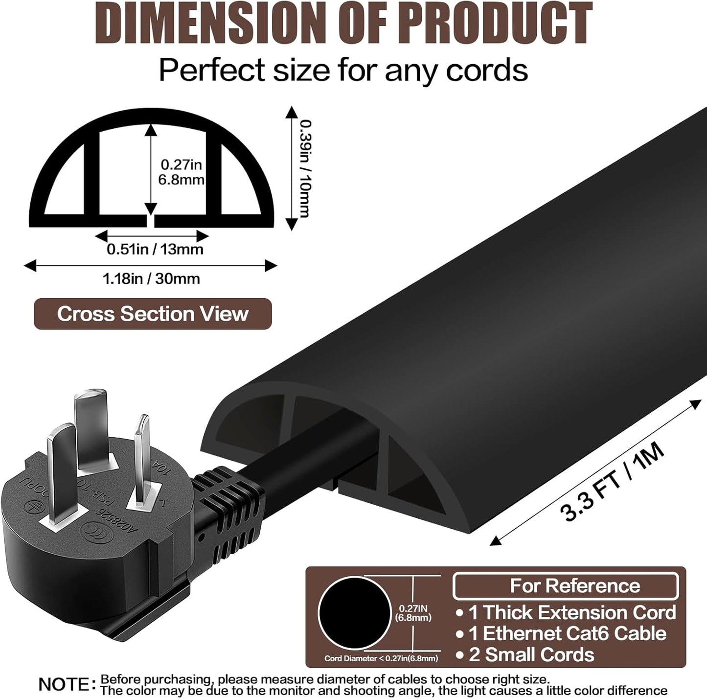 Floor Cord Cover Self Adhesive Cord Hider,3.3FT Cable Management, Extension Strip Protector for Wires, Prevent Cable Trips for Offices, Gyms, Exhibitions Cavity:0.39"(W) x 0.27"(H) Black