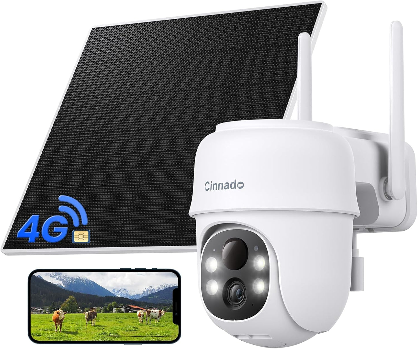 Cinnado 4G LTE Cellular Security Camera-No WiFi Outdoor Camera Wireless with 5W Solar Panel, 2K 360° Color Night Vision, PIR Motion, TF Card Storage, Works with Alexa, SIM Card Included, B6 4G 1P