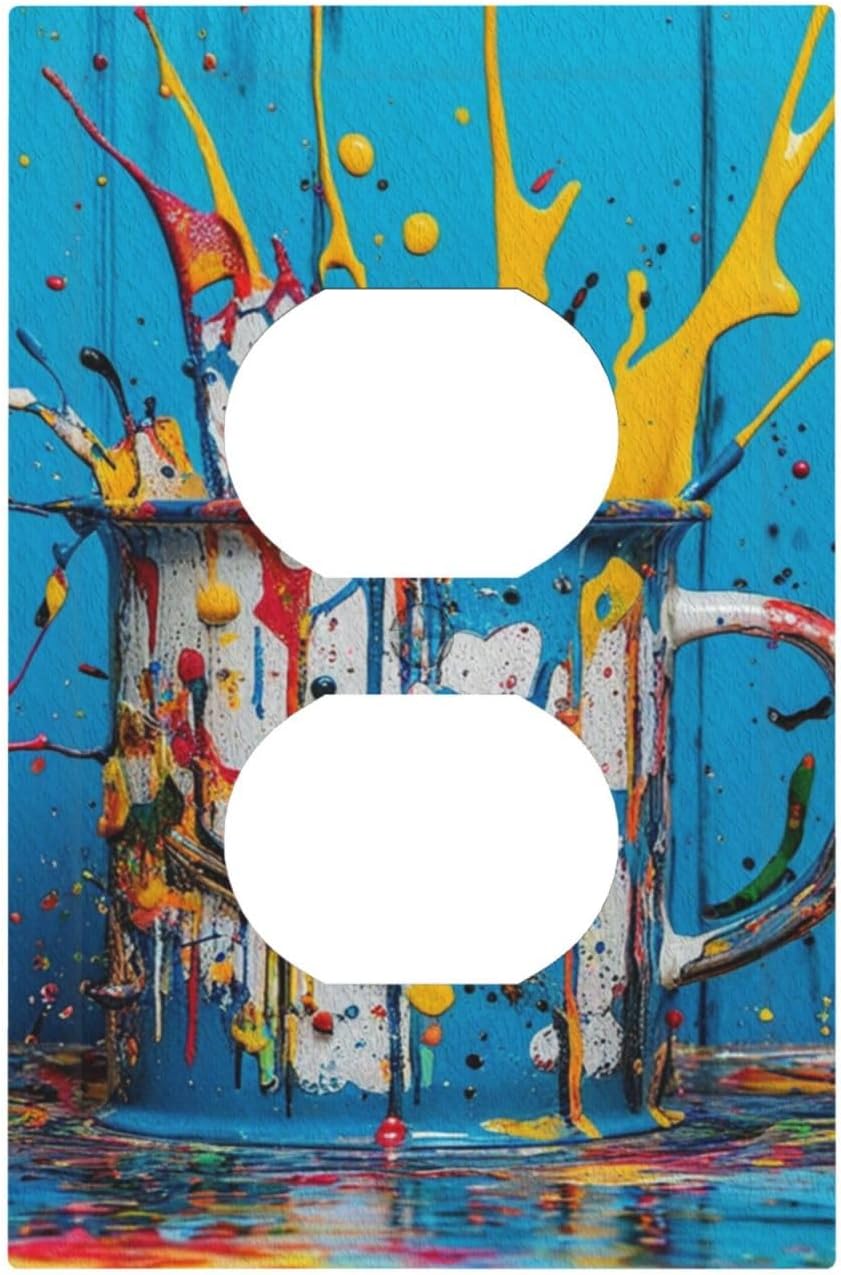 Decorative Outlet Covers Colorful Paint Splatters Blue Wood Plank 1 Gang Duplex Light Switch Cover Plate Wall Plates for Electrical Outlets Switchplate Faceplate