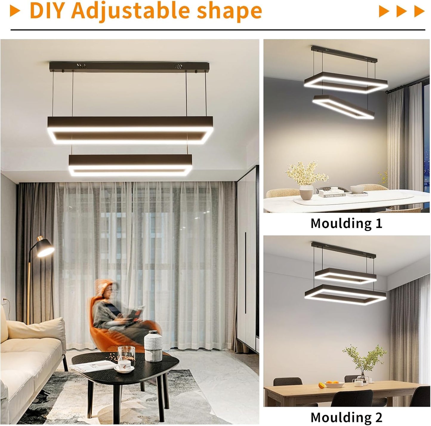 Modern Chandeliers for Living Room, 2-Ring Rectangles Pendant Light Kitchen Island Fixtures, Dimmable LED Chandelier for Dining Room Bedrooms, Black (40CM/60CM)
