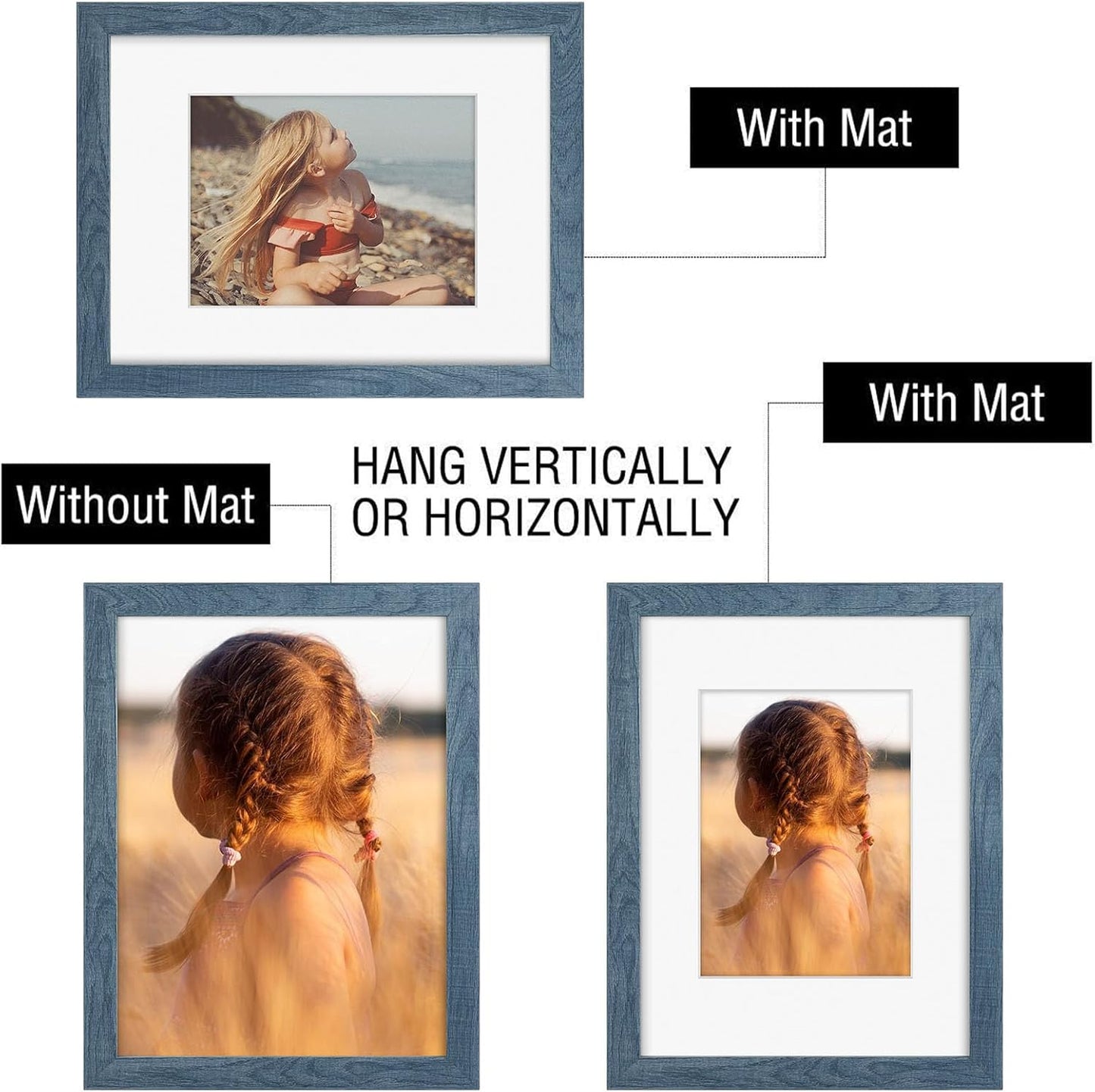 Golden State Art, 9x12 Picture Frame with Mat for 6x8 - High Definition Glass Wall Mounting Horizontal Vertical Display (Blue, 2 Pack)