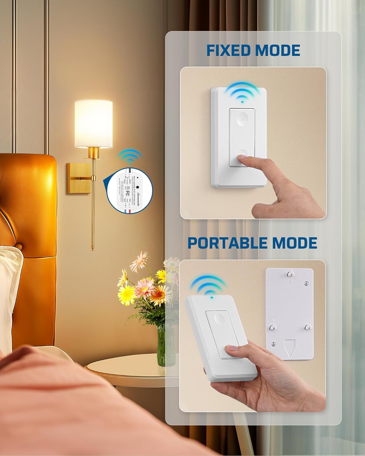 DEWENWILS 3 Way Wireless Light Switch and Receiver Kit, Remote Control for Ceiling Lights, Fans, Lamps, No in-Wall Wiring, No WiFi Needed, Wireless Panel Switch,100Ft RF Range