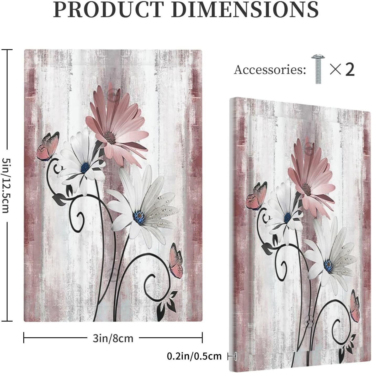 Light Switch Cover Plate Pink White Daisy Butterfly Wood Grain 1 Gang No Device Blank Electrical Wall Plates Faceplate Decorative Switch Plate for Farmhouse Bathroom Decor