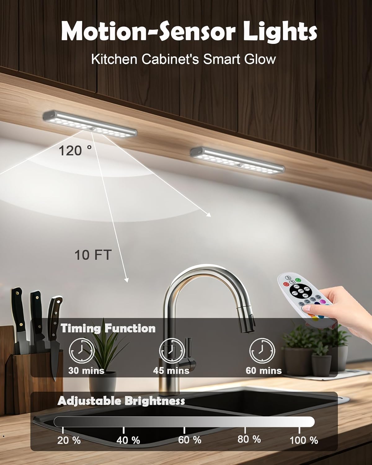 SZOKLED 58-LED Under Cabinet Lighting Wireless, RGB Motion Sensor Night Lights with Remote, 1100mAh Magnetic Under Cabinet Lights for Kitchen, Shelf, Stair, 15 Color (4 Pcs)