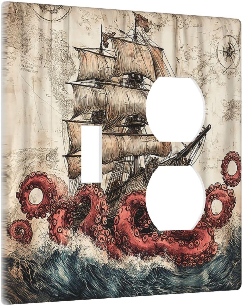 Wallplates Vintage Octopus Ocean Sailboat Bizarre Adventure 1 Toggle 1 Duplex Switch Plate Electrical GFCI Faceplate Decorative Light Switch Covers for Bathroom Kids room Decor