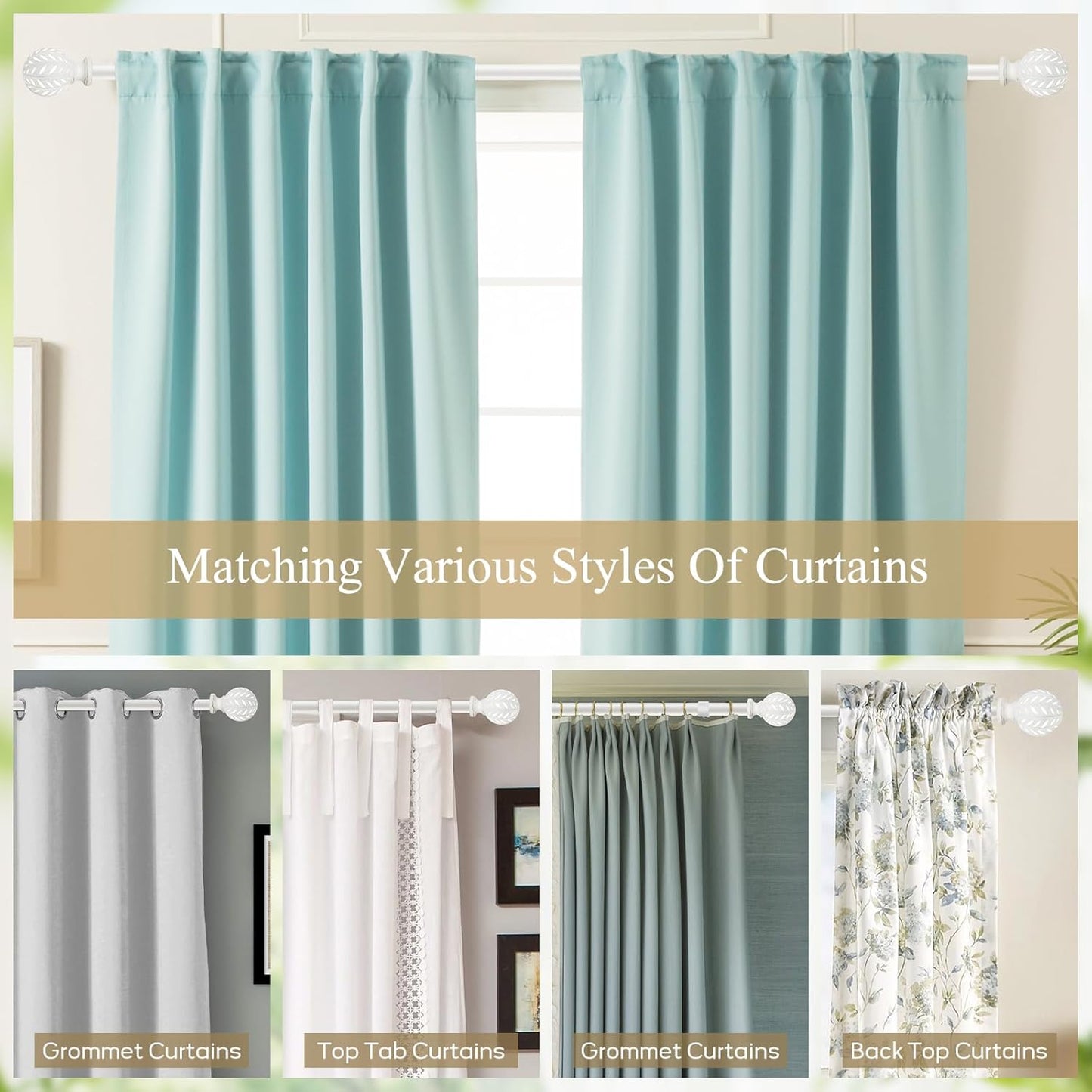 Weathered White Curtain Rod for Windows 28 to 48 Inches(2.3-4 ft)，1'' Diameter Heavy Duty Adjustable Curtain Rod with Leaf Pattern Finials - for Living Room, Bedroom,etc 18-45''