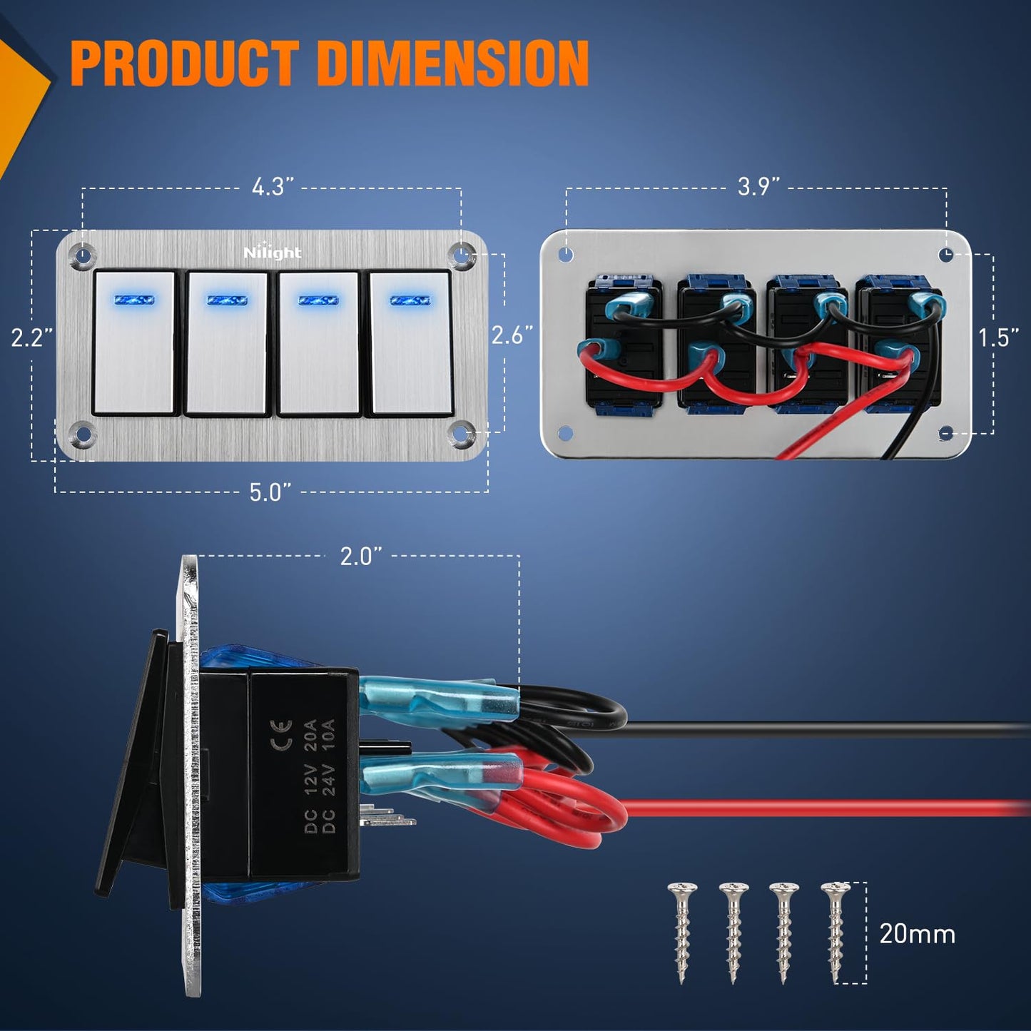 Nilight 4 Gang Rocker Switch Panel 3 Pin On Off Pre-Wired Toggle Switches Blue LED Waterproof Aluminum with DIY Stickers for 12V 24V Automotive Cars Marine Boats UTV Truck Jeeps