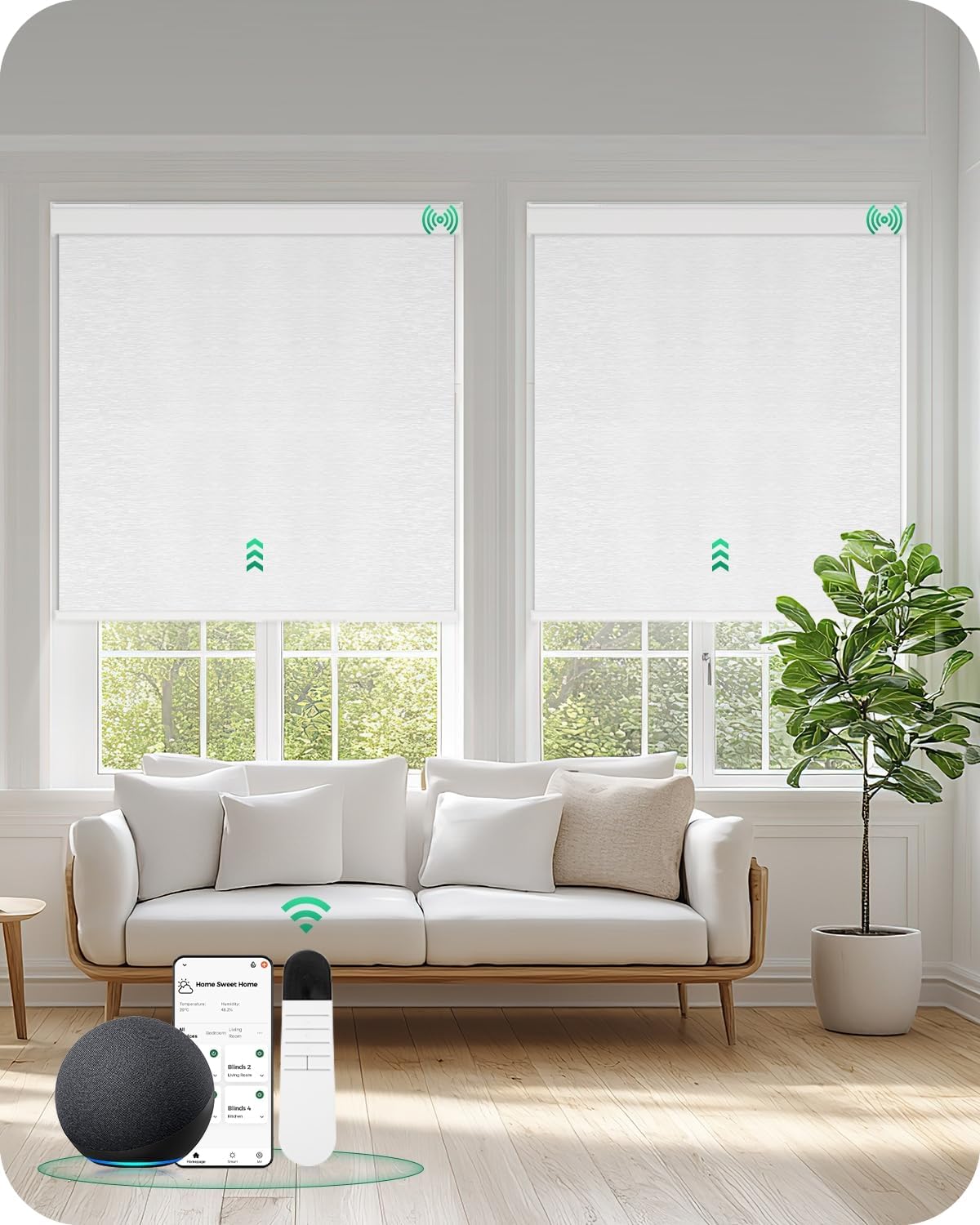 Allesin Motorized Roller Blinds – Rechargeable Smart Shades with Remote & Quiet Motor, Top/Bottom Aluminum Rails, Alexa-Compatible for Window (30" W x 72" H, 100% Blackout Cloud-Patterned)