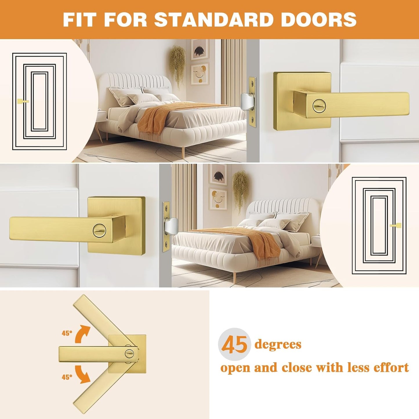 Probrico Heavy Duty Flat Gold Door Handles Square Privacy Interior Door Levers Bedroom and Bathroom Door Handles Keyless Bed/Bath Lockset (2 Pack)