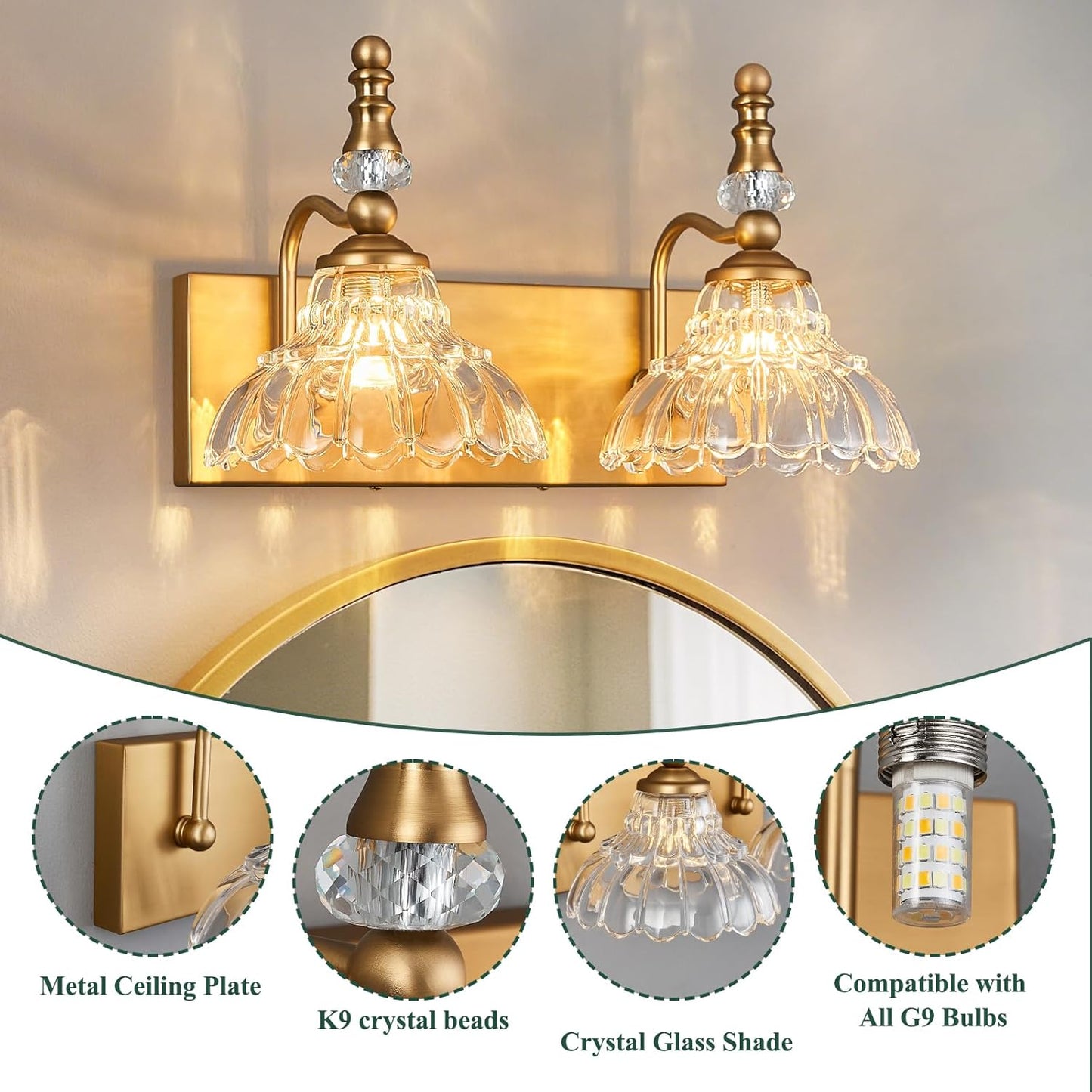 Vintage Bathroom Vanity Light, 2-Light Brass Vanity Lighting Fixture with Flower Glass Shade, Bathroom Lighting Fixtures Over Mirror