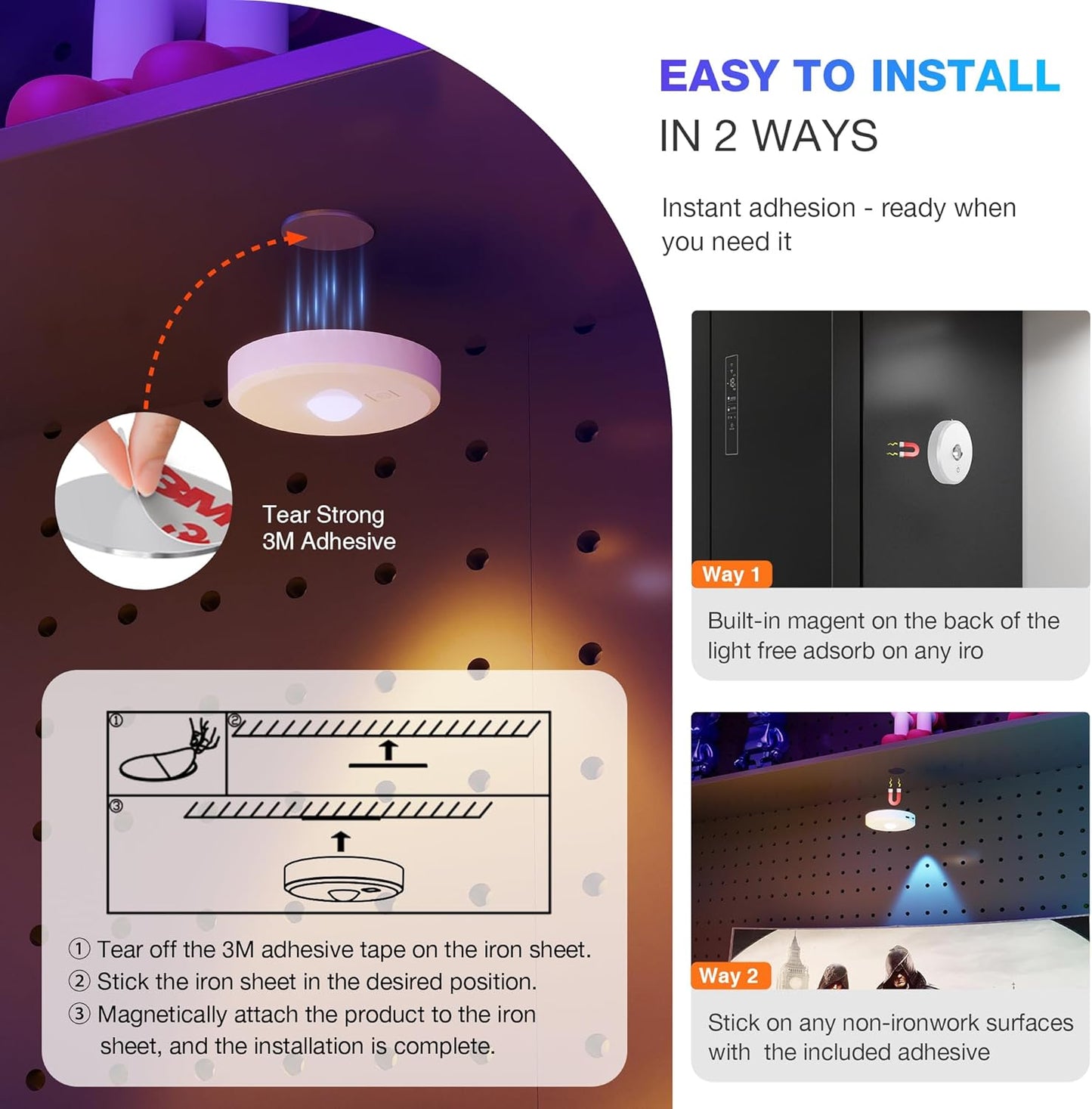 RGB Puck Lights with Remote Control, 2000mAh Battery Operated Tap Lights Rechargeable, 9 Colors & 2 Dynamic Changing Under Cabinet Lighting, Magnetic Stick on Light for Closet(White, 3 Pack)
