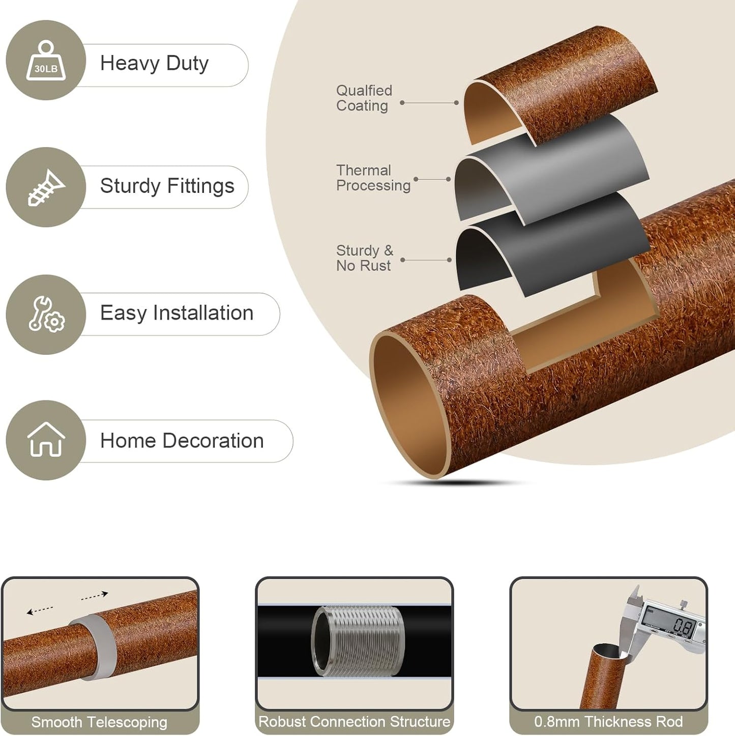 Dark Brown Wood Curtain Rods for Windows 28 to 48 Inch, 1'' Adjustable Heavy Duty Curtain Rod，Vintage Imitation Wood Decorative Drapery Rods with Pumpkin Finials for Bedroom Living Room