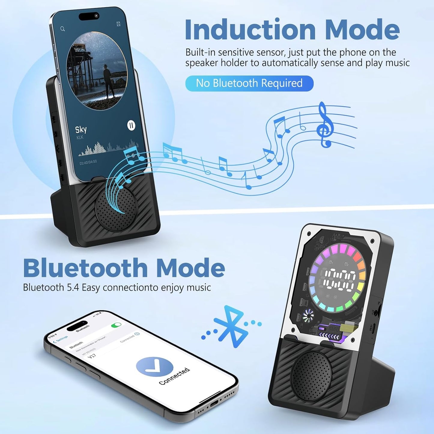 Wireless Induction Speaker, 5 in 1 Bluetooth Speaker with Cell Phone Stand, Phone Holder with Rechargeable Colorful Light and Alarm Clock for iPhone/Android/iPad, for Men Women（Black）
