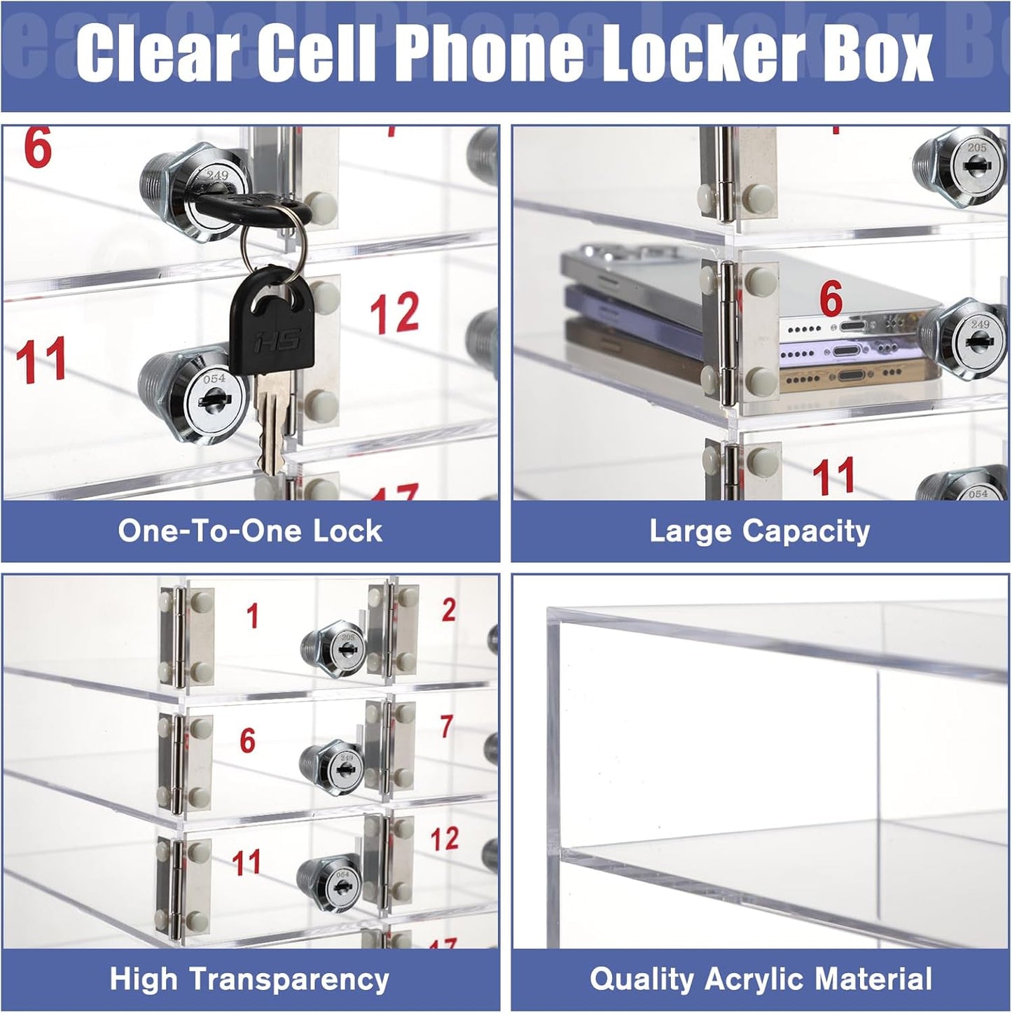 Layhit 20 Slots Cell Phone Locker Box for Classroom Clear Acrylic Cell Phone Storage Cabinet Bin with Door Locks for Classroom School Students Office Factory Employees