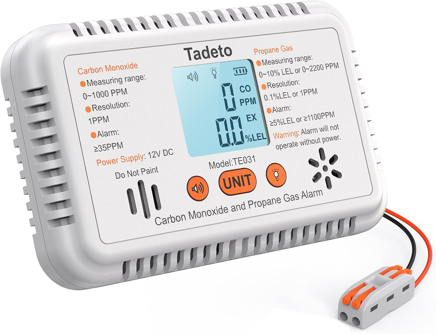 Tadeto RV Carbon Monoxide and Propane Gas Alarm, 12V DC Hardwired CO/LPG Gas Leak Alarm with Light and Audible Indicator, RV Propane Detector with Reset/Backlight for RV/Trailer/Camper