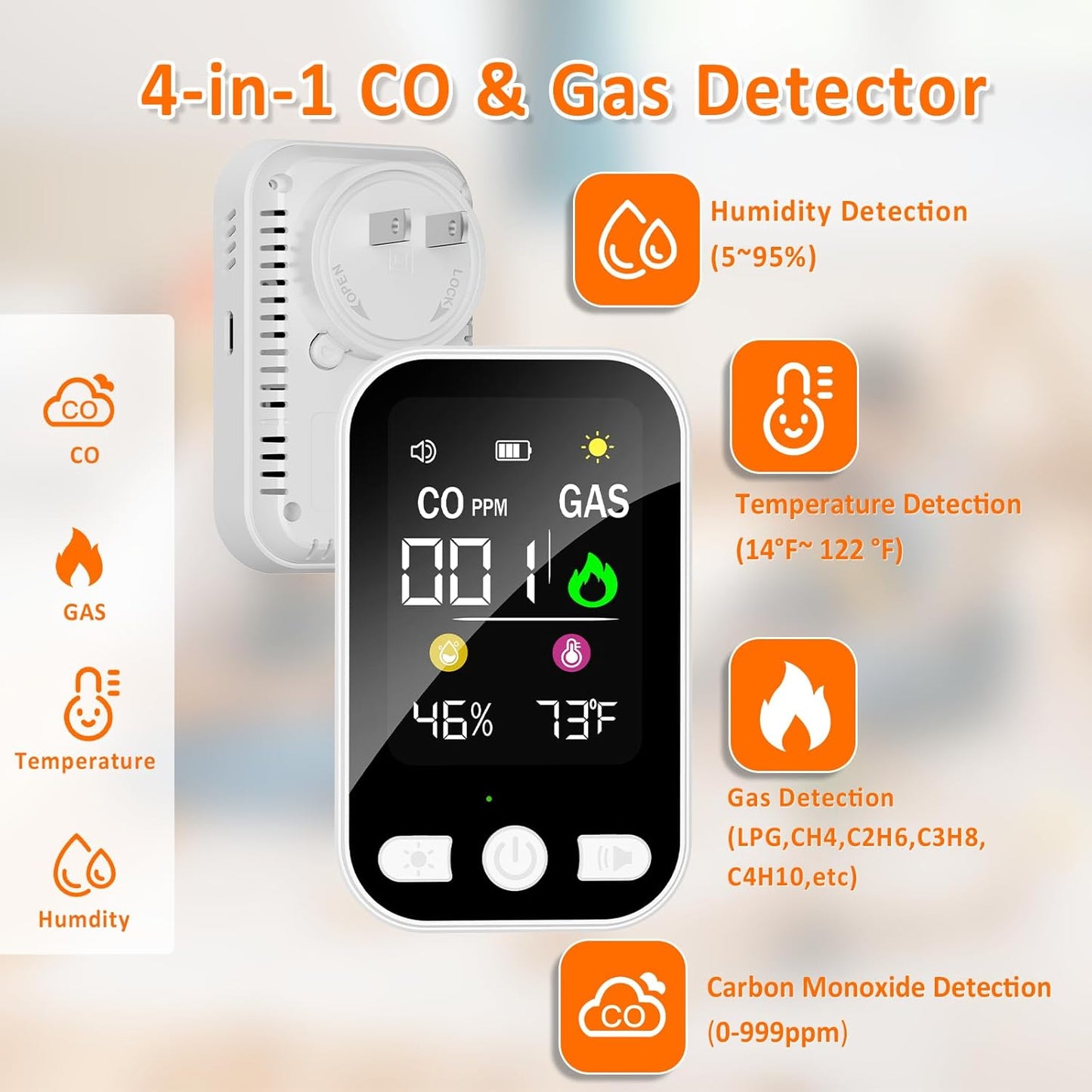 4-in-1 Upgraded Natural Gas Leak Detector, Plug-in Carbon Monoxide Detectors, CO & Gas Detector with Temperature & Humidity, Portable Gas Leak Detector for Home, Kitchen, RV, Travel