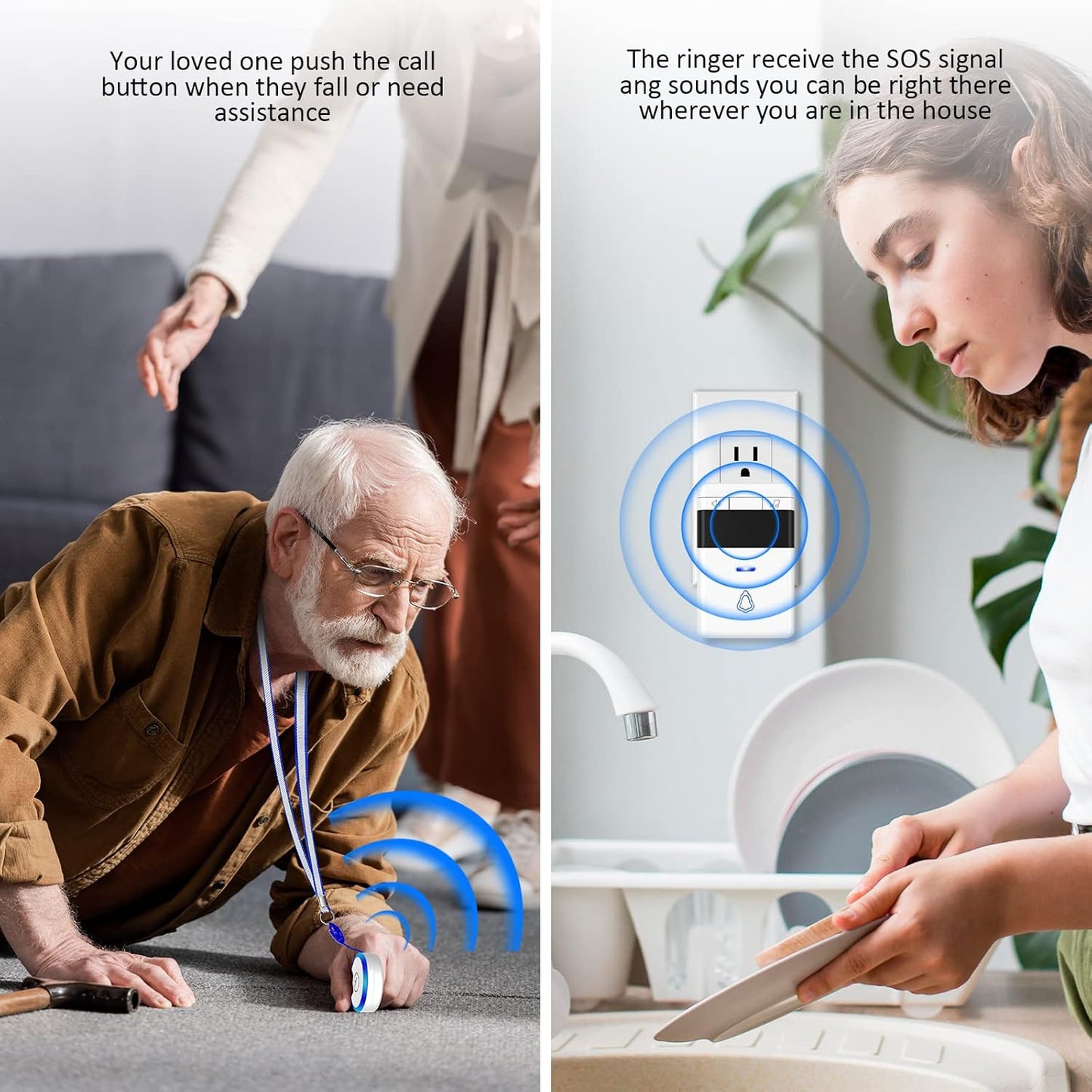 3 Pack Wireless Caregiver Pager Panic SOS Call Button with Receiver for Elderly/Patient/Child, 500+ ft Range Attention Pager Alarm Nurse Calling Alert Patient Help Button for Home/Personal