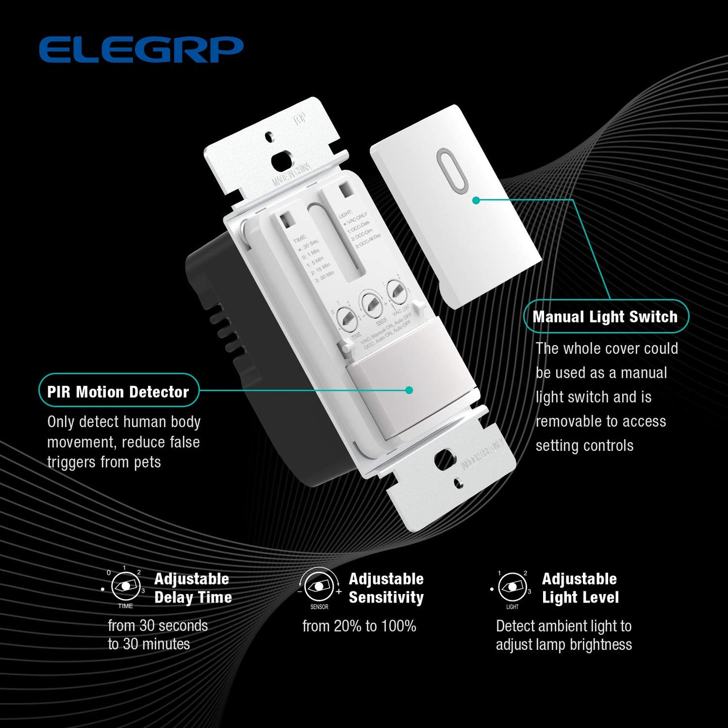 ELEGRP Single Pole Occupancy Motion Sensor Light Switch, Need Grounding Wire No Neutral Wire, 120° Sensor Coverage PIR Infrared Motion Activated, for CFL/LED/Incandescent Bulb, UL,1 Pack, Matte White