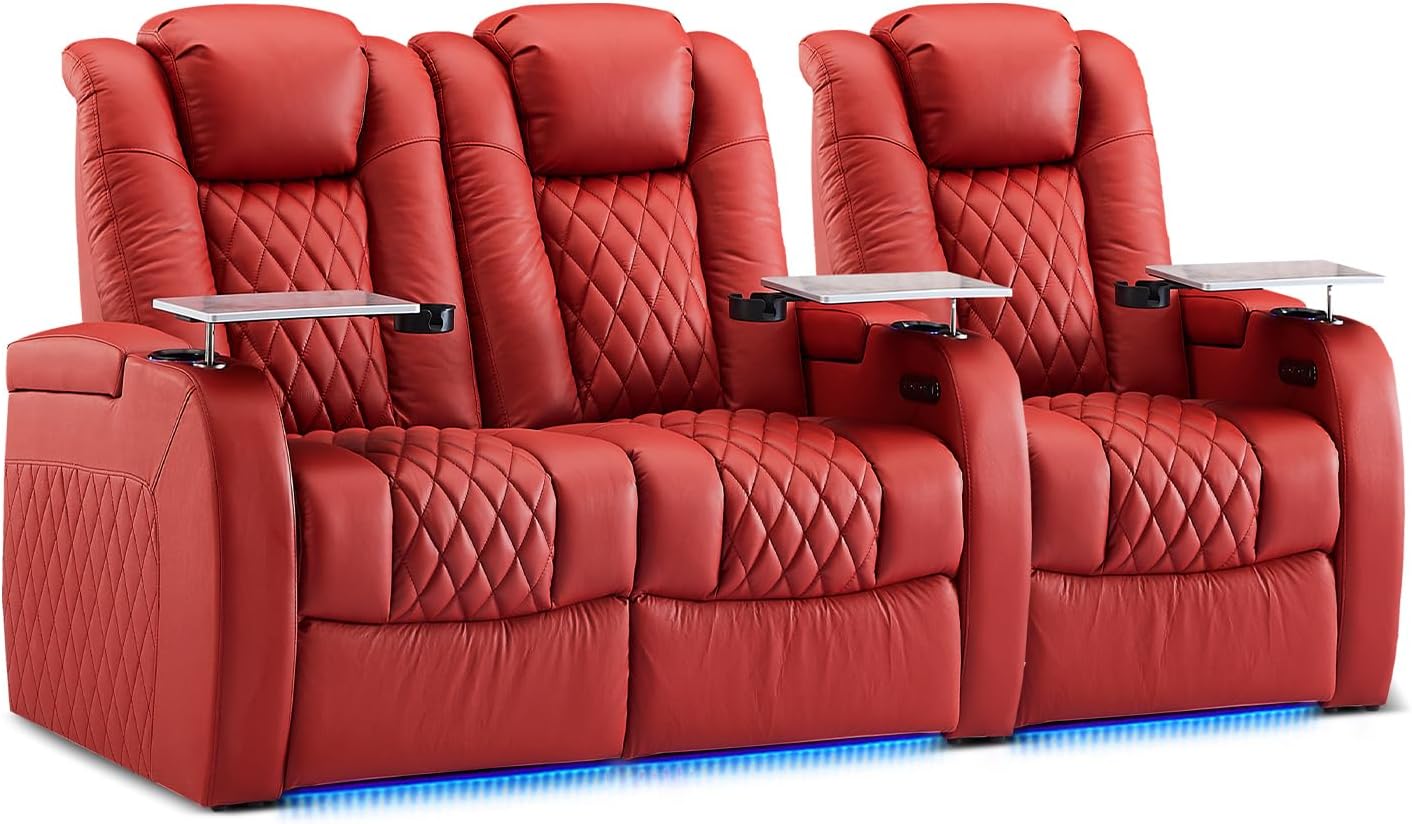 Weilianda Home Theater Seating Top Grain Leather Zero Gravity Recliner Chair Power Headrest Recline Movie Seat Gaming 7 Colors Mood Light Sofa with Tray Table USB Charge Row of 3 Loveseat Left Red