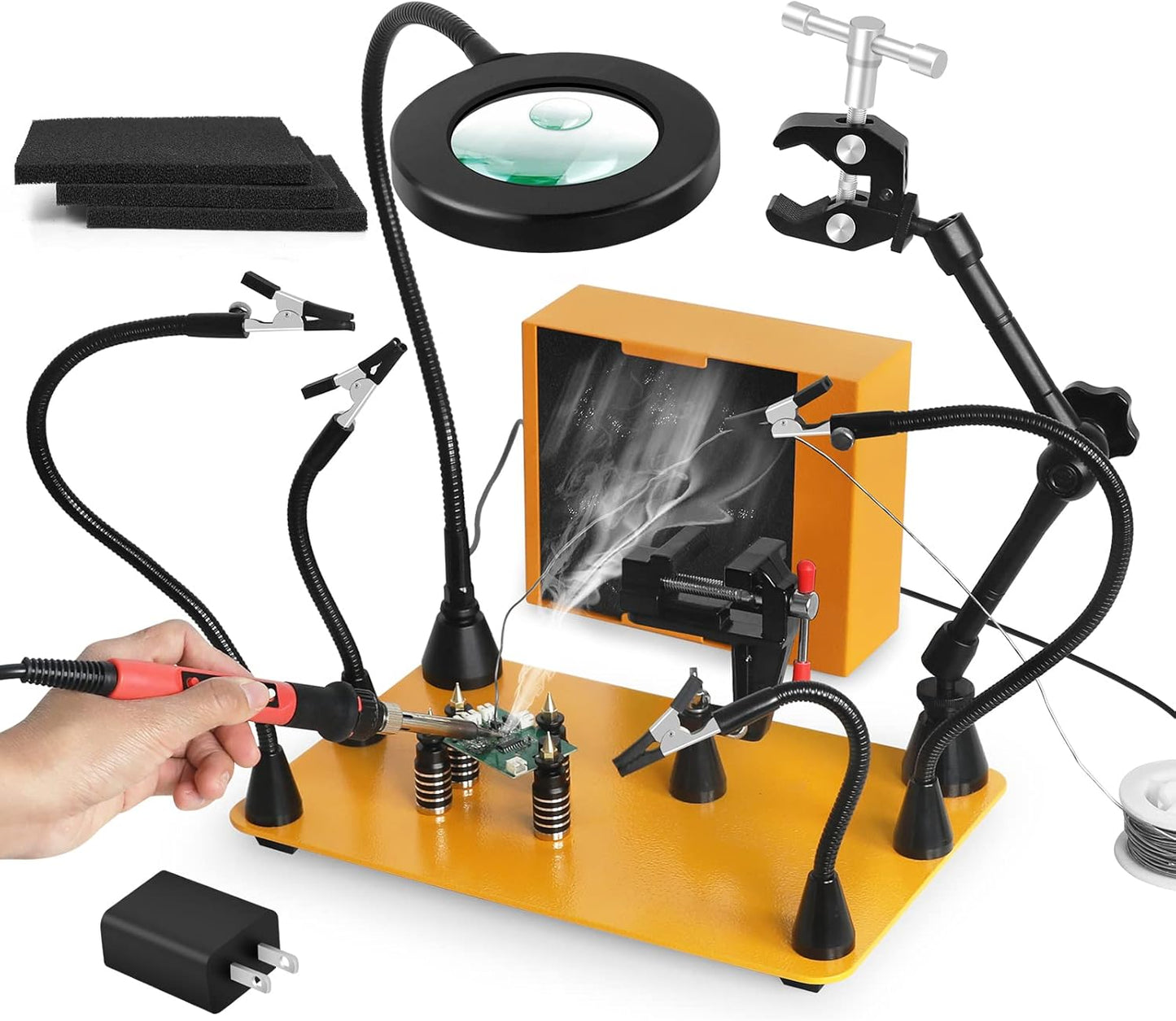 Magnetic Helping Hands Soldering Third Hand with 3X & 6X LED Magnifying Lamp, Hot Air Gun Holder,12V Solder Fume Extractor, Extra Large & Heavy Duty Base, Four Arms Solder Station for Soldering PCB