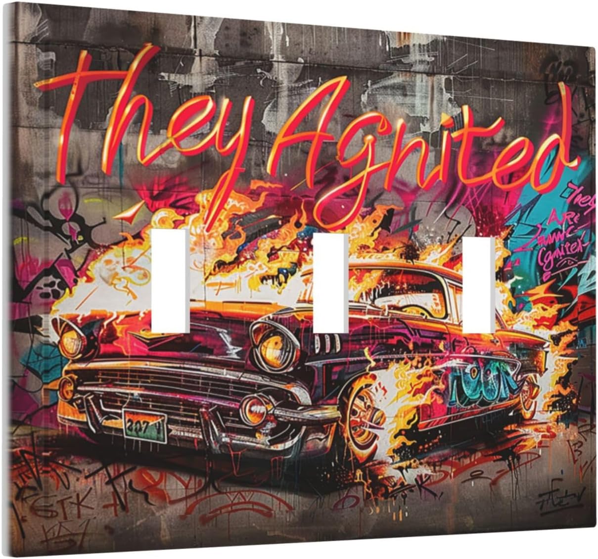 Decorative Switch Plates Hip Hop Street Graffiti Flame Car 3 Gang Wall Plate Triple Toggle Light Switch Cover Faceplate Electrical Wall Panels for Bedroom living Room Decor