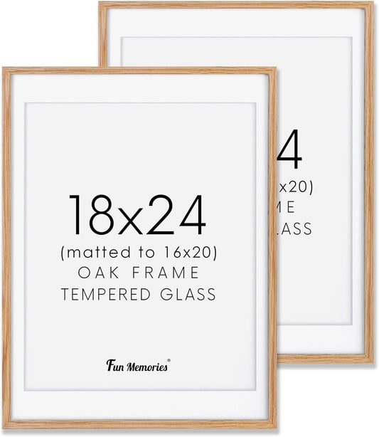 Fun Memories 18x24 Picture Frames, Oak Wood 18 x 24 Poster Frames Set of 2, 18x24 Frame Matted to 16x20, Rustic Wooden 18 x 24 Frame with Tempered Glass, Minimalist 18"x24" Art Frames, Oak Color
