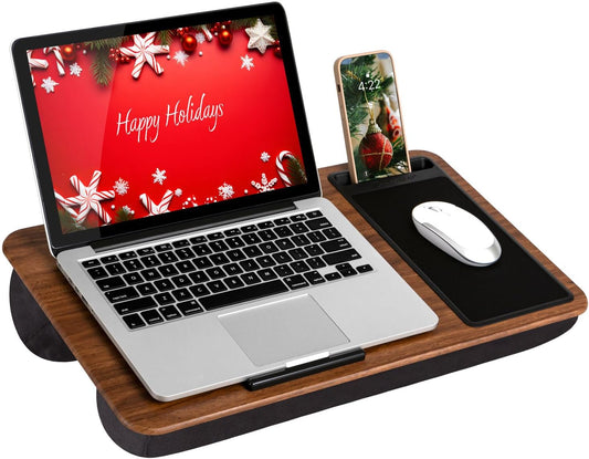 LAPGEAR Home Office Lap Desk with Device Ledge, Mouse Pad, and Phone Holder - Espresso Woodgrain - Fits up to 15.6 Inch Laptops - Style No. 91575