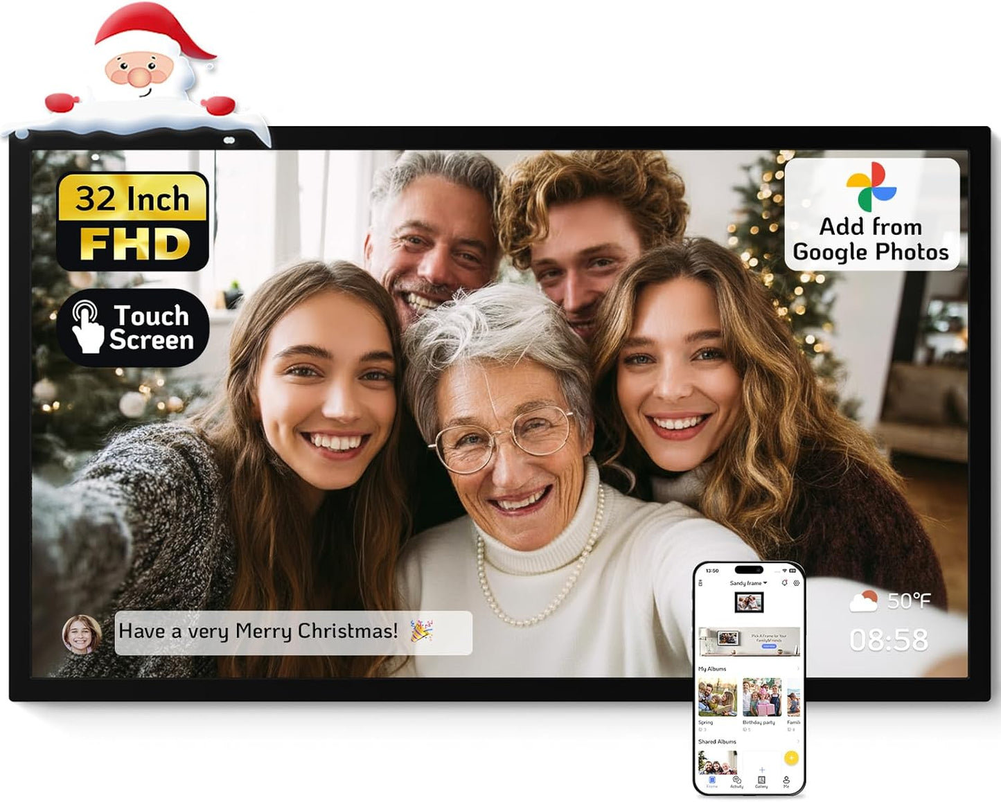 NexFoto 32 Inch Touchscreen Large Digital Picture Frame, 64GB FHD WiFi Electronic Photo Frame, Add Photos from Google Photos, Share Videos, Send Greeting, Gifts for Christmas Housewarming, Black