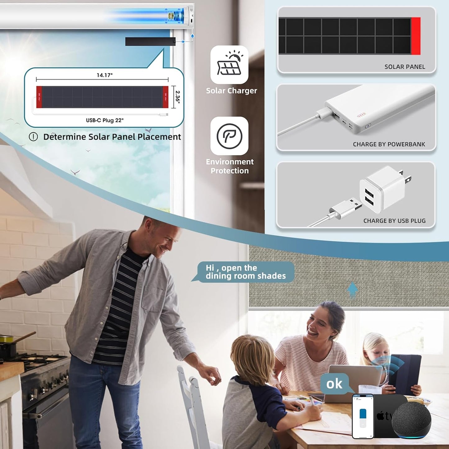 SmartWings Motorized Roller Shades Work with Homekit, Alexa Google, 100% Blackout Smart Blinds for Windows, Cordless Remote Control Window Shades, Vigor Sage, Customized Size