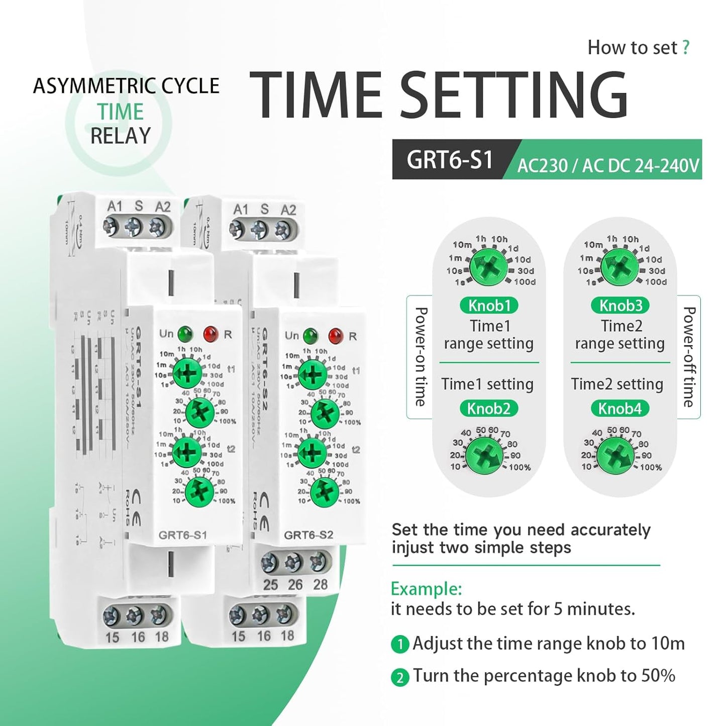 Asymmetric Cycle Timer Relay 1SPDT AC 24V 240V 10A Long or Short Period Repeat Cycle Tntermittent Timer Electronic Relay in Din Rail (GRT6-S1 AC DC 24-240V)