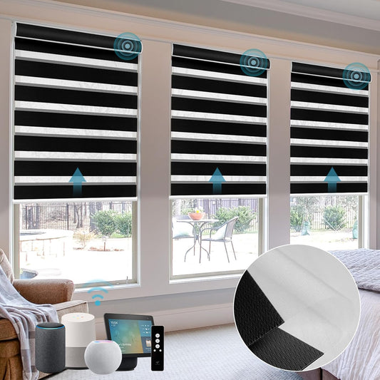 SmartWings Motorized Zebra Shades with Valance Work with Homekit Thread Alexa Z-Wave Smart Dual Layer Shades with Remote Control, Automatic Horizontal Window Blind, 90% Blackout 95mm Astrid Black