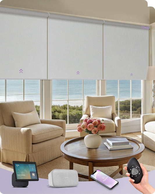 Graywind Smart Coupled Roller Shades Compatible with Alexa Google Custom Size Extra Large Motorized Blinds for Windows(White)