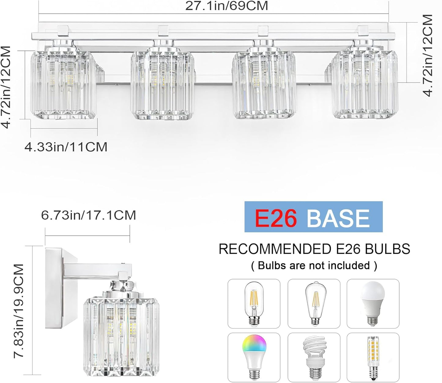 Crystal Bathroom Light Fixtures, 4 Light Chrome Vanity Lighting Over Mirror with Crystal Shades, Modern Bathroom Vanity Light for Restroom, Bath, Cabinet and Powder Room