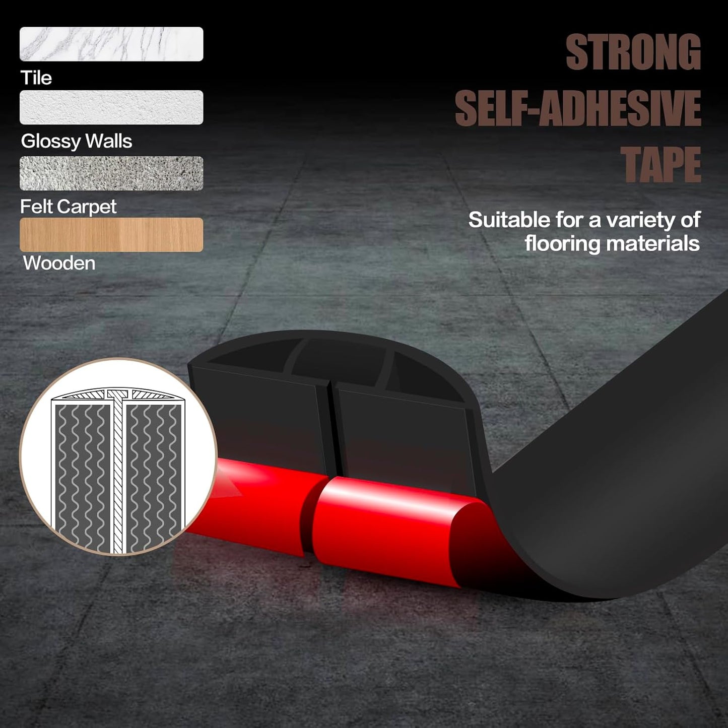 Floor Cord Cover Self Adhesive Cord Hider,10FT Cable Management, Extension Strip Protector for Wires, Prevent Cable Trips for Offices, Gyms, Exhibitions Cavity:0.51"(W) x 0.3"(H) Black