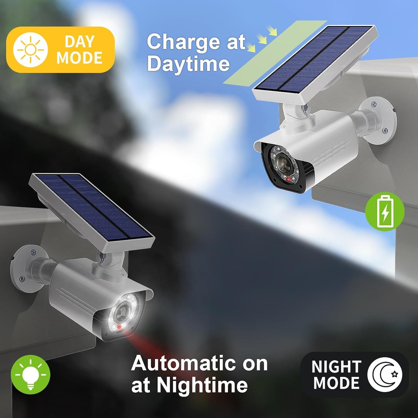 WALI Dummy Fake Camera, Security Camera with Motion Sensor Flood Light, Simulated Surveillance Security CCTV Dome Camera Indoor Outdoor (TCW2-SOL), 2 Packs, White-Solar