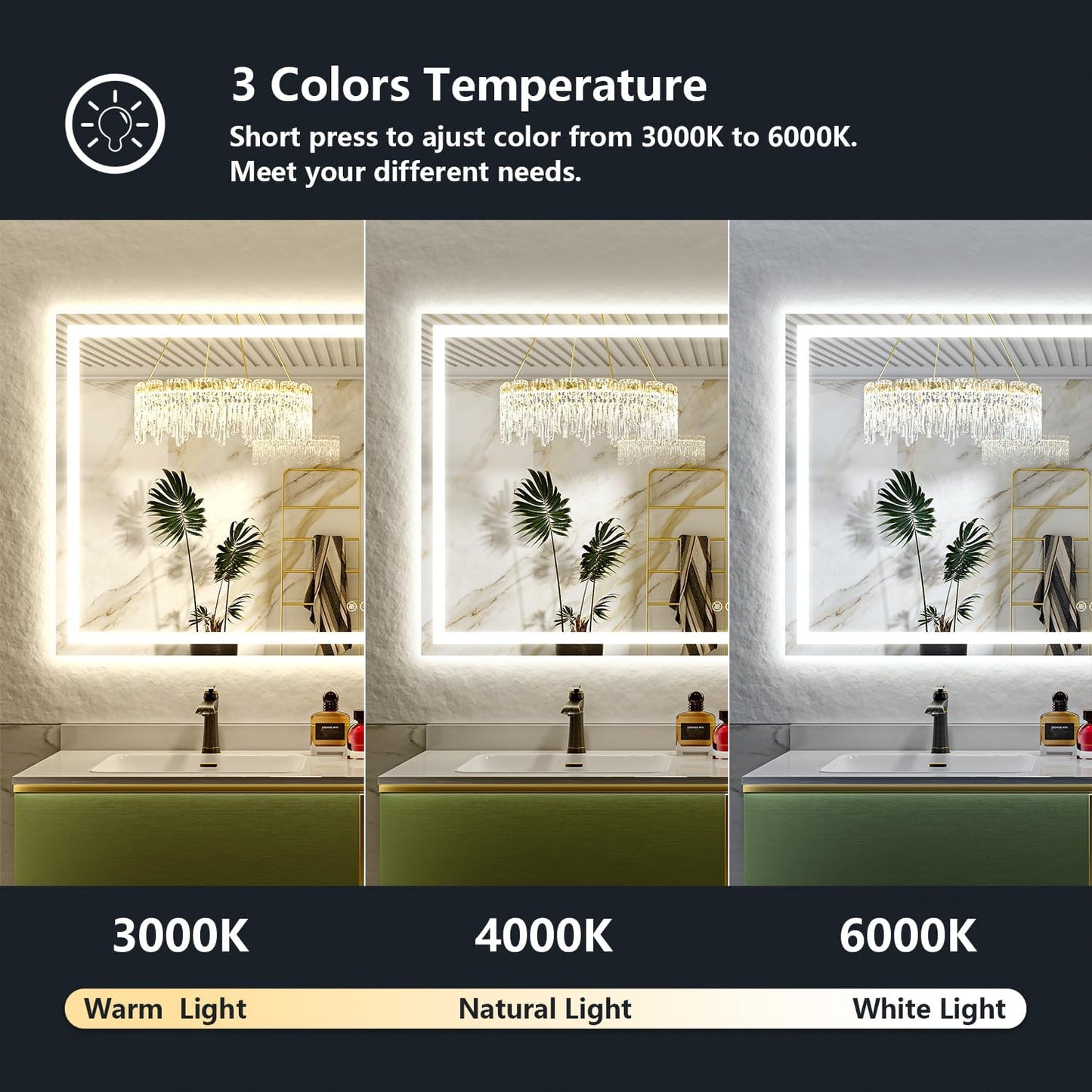 66x40 Inch LED Bathroom Mirror with Lights Front and Backlit Lighted Vanity Mirror for Bathroom Wall with 3 Colors Dimmable Anti-Fog Memory Shatter-Proof IP54 Waterproof Horizontal/Vertical