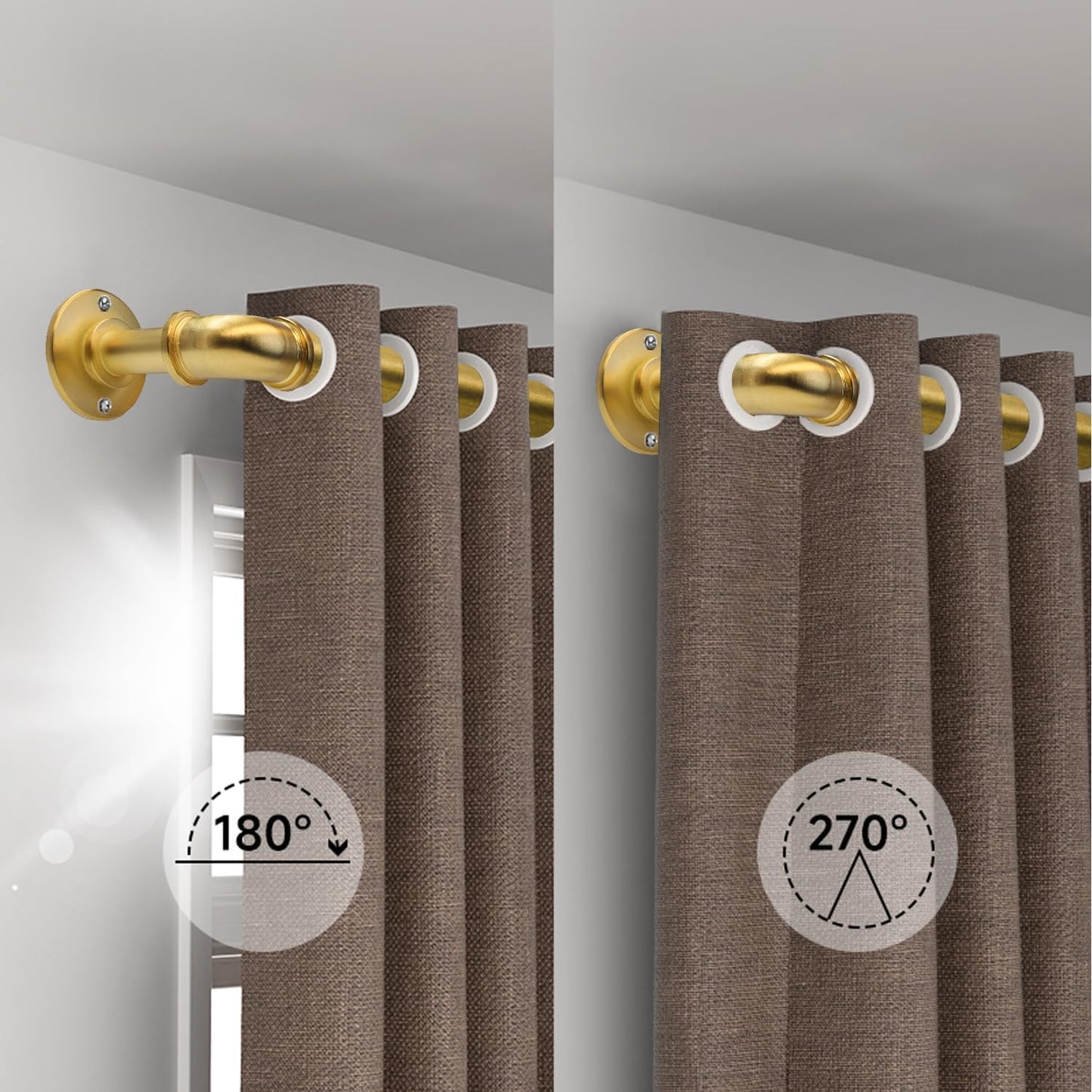 Brushed Gold Curtain Rods 18 to 45 in,Wraparound Curtain Rods,Adjustable Length,1 in Diameter Pipe,Wall or Ceiling Mounted,for Bedroom and Living Room (Brushed Gold 18” to 45”)
