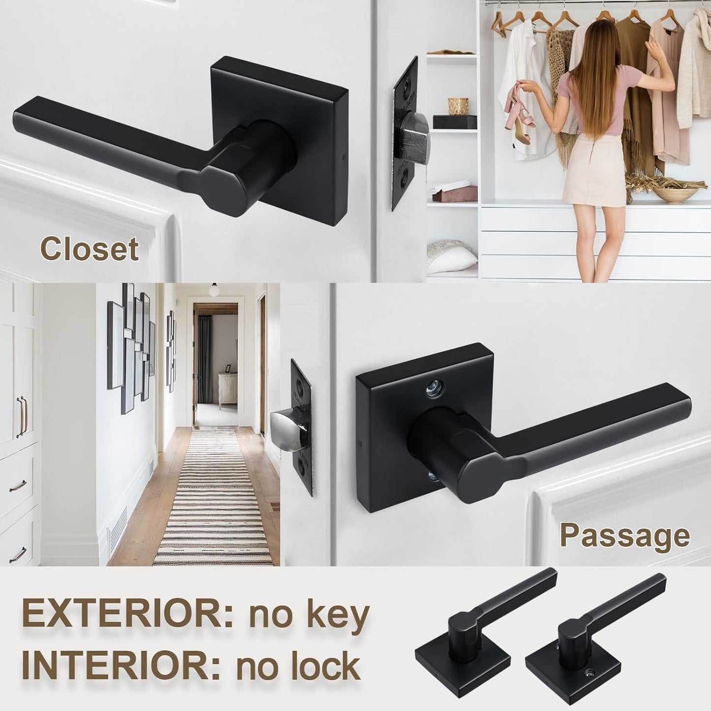 Passage Door Lever (No Lock), Heavy Duty Interior Square Handle for Hallway and Closet, Matte Black, Reversible for Right&Left Handed, 15Packs