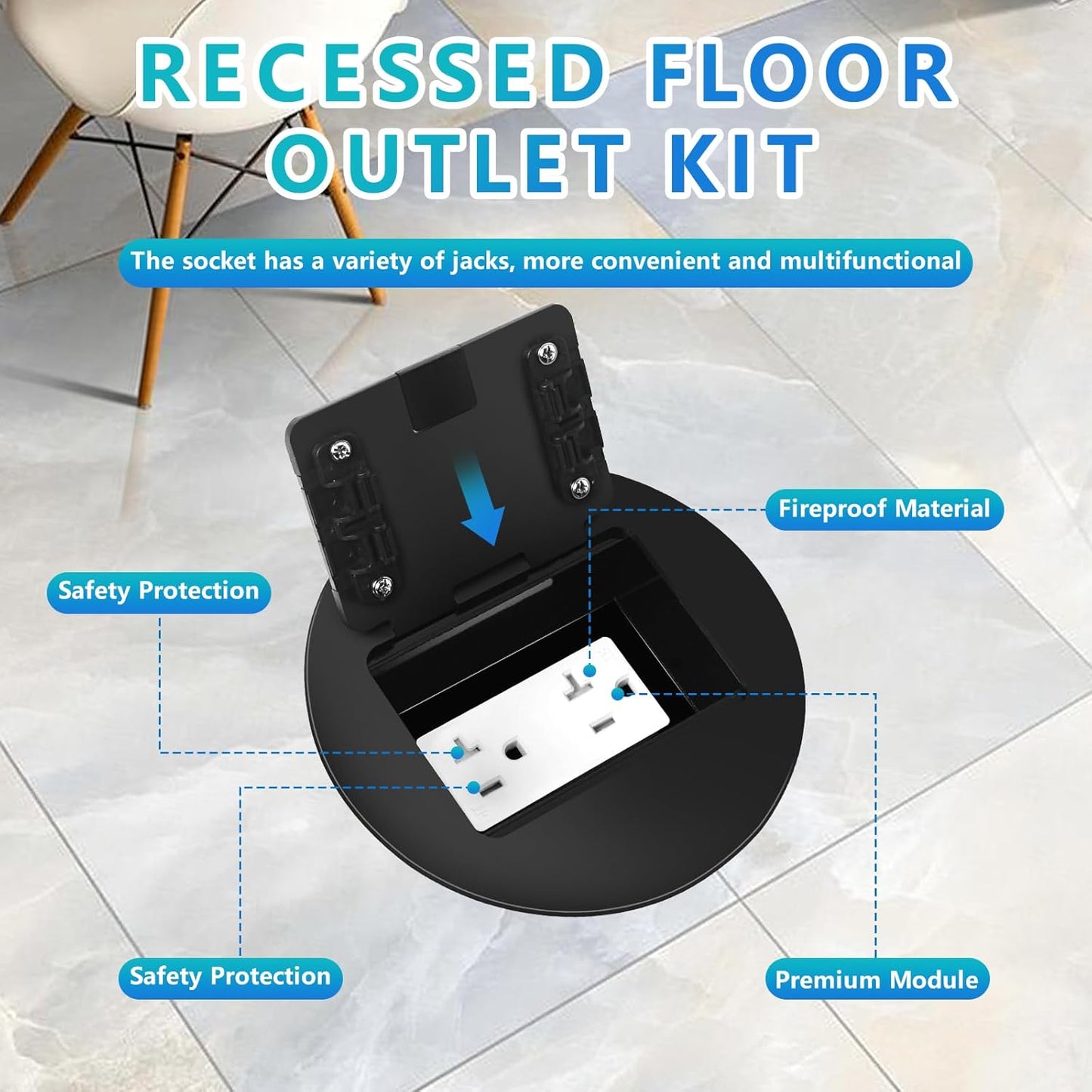 KYHSHJ Recessed Circular Floor Socket Kit with 20 Amp Stainless Steel TR Receptacle Outlet Stainless,Corrosive Resistant Hardware，Black