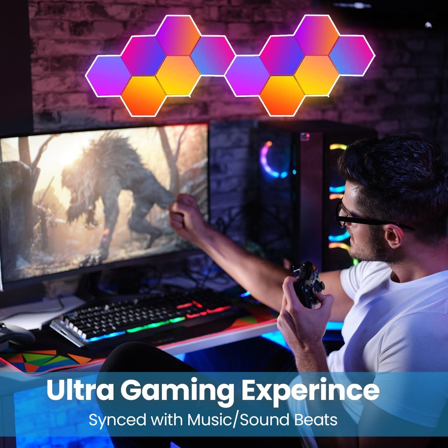12-Pack RGB Hexagon Wall Panels - Hexagon Lights with APP & Remote-Control, Cool Music Sync - Multicolor 12PCS for Gaming Room, Living Room & Bedroom