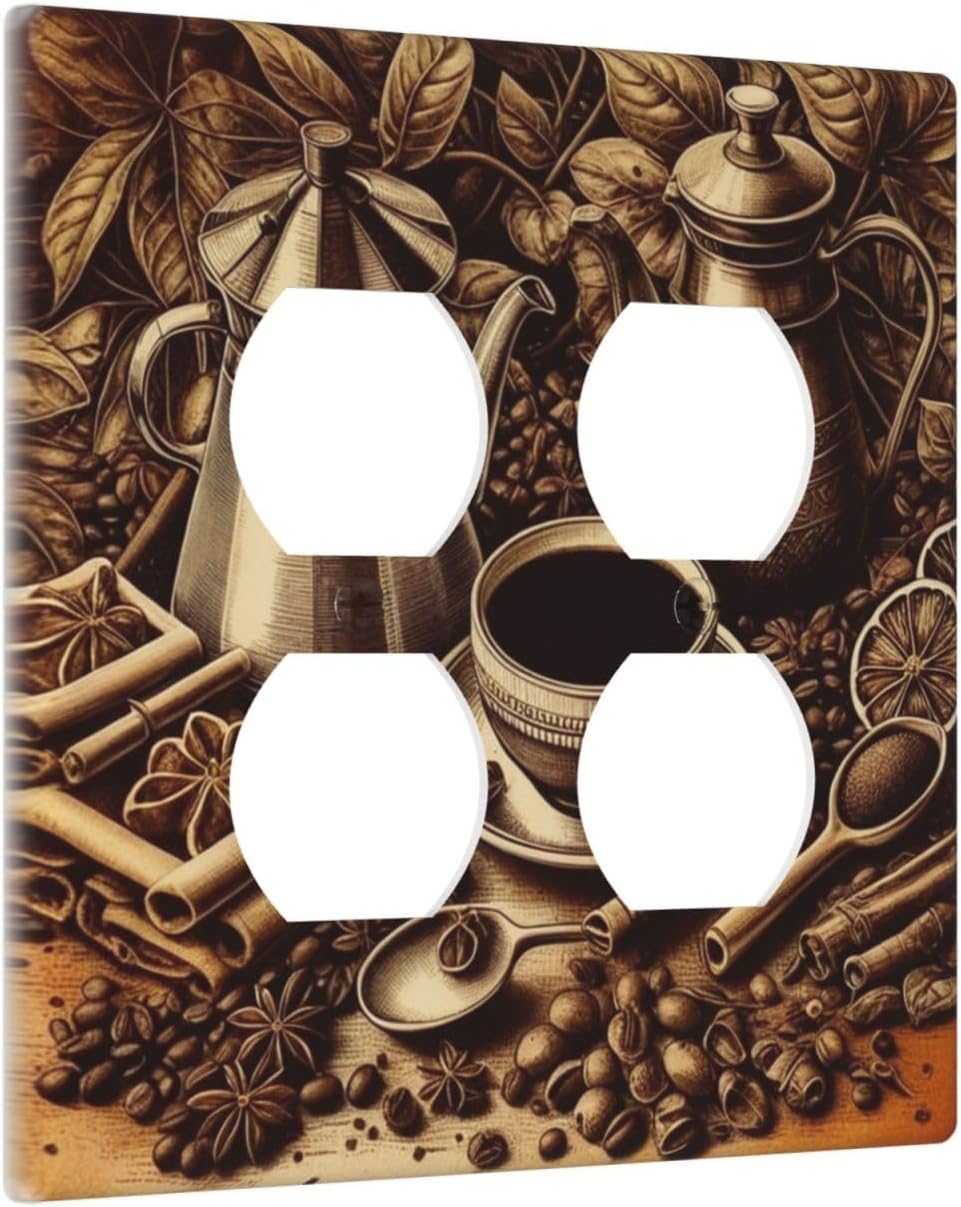 Decorative Outlet Covers Vintage Coffee Beans Leaf Cup 2 Gang Wall Plate Cover Double Duplex Receptacle Two Switch Light Switch Cover Plate Jumbo Dual Faceplate