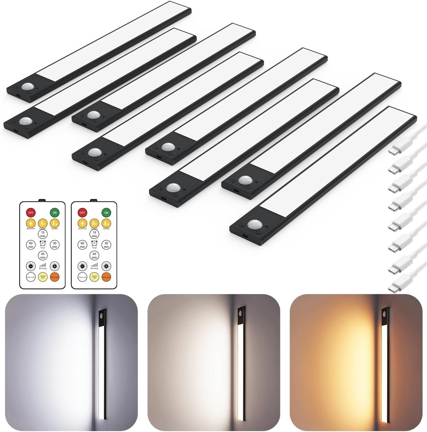 12" Ultra-Thin Under Cabinet Lighting Cordless, Aluminum Alloy Under Counter Lights for Kitchen, 3-Color-Temps Magnetic Closet Lights, Rechargeable Motion Sensor Light Indoor (8 Pack, Black)